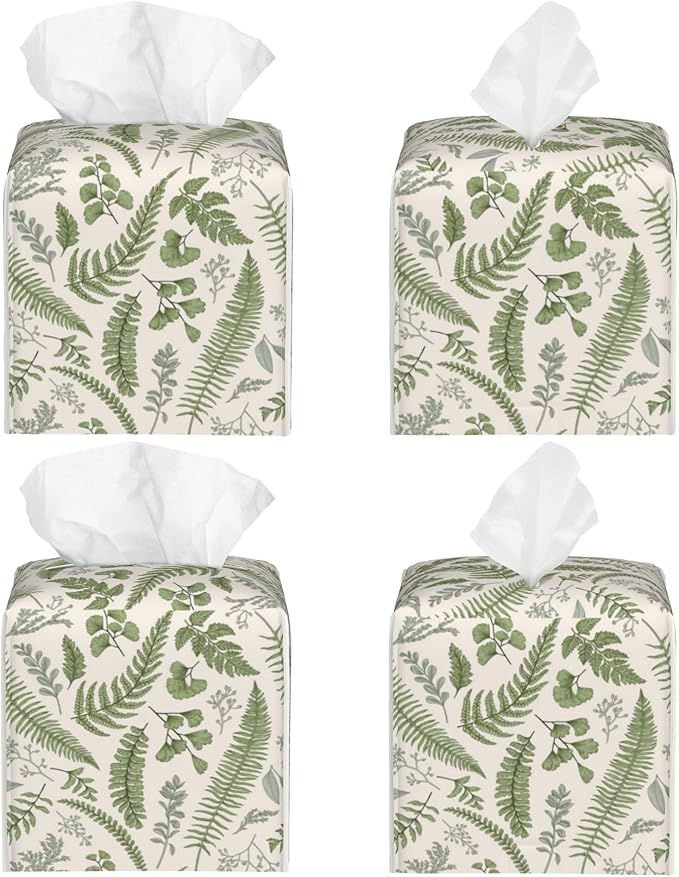 POIUBLE Tissue Box Holder Leaves and Herbs Tissue Box Cover Square Leather Tissue Holder Organizer Portable Decorative Facial Paper Case for Home Office Bathroom Vanity Countertop