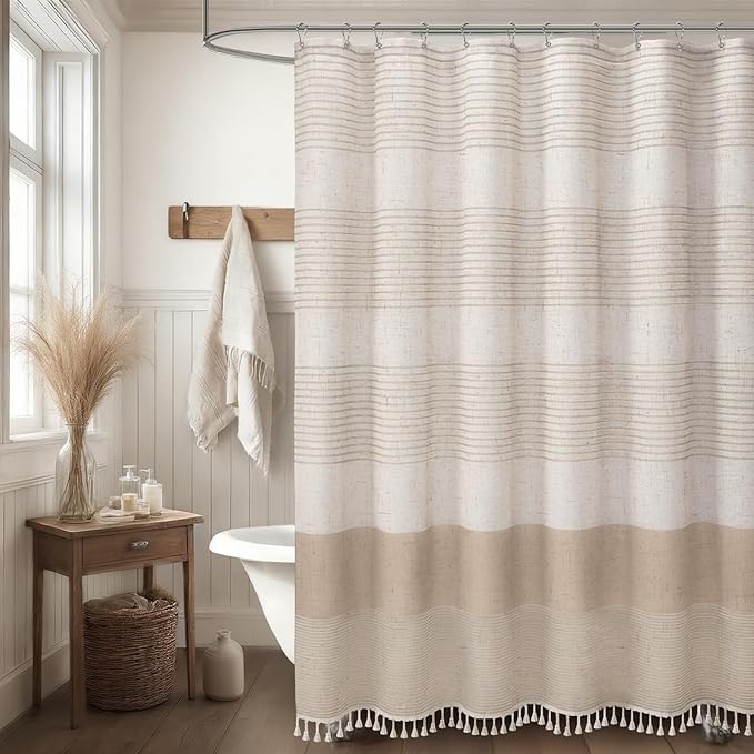 XOGUIBO Beige Shower Curtain Boho Linen Striped Shower Curtains for Bathroom with Tassel 72 X 72