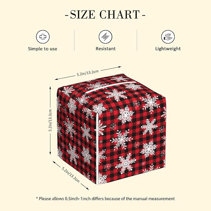 Red and Black Checkered Leather Tissue Box Holder Christmas Snowflakes Tissue Box Cover Square Waterproof Tissue Holder Organizer Modern Napkin Holder for Bedroom Dresser Night Stand Office Desk