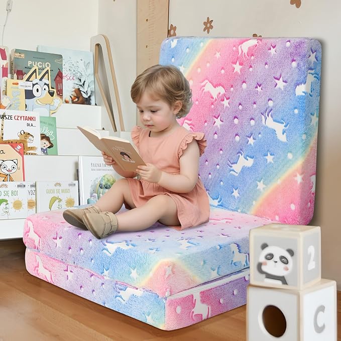MeMoreCool Foldable Floor Mattress for Kids, Glow Star Trifold Mat, Kids Folding Mattress Portable Futon, 57x22 Inch Colorful