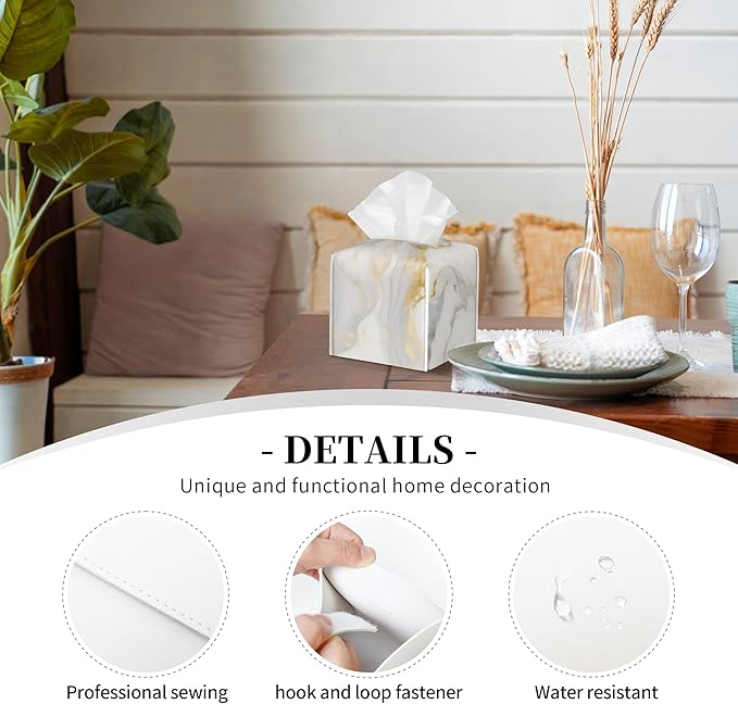 Tissue Box Cover,Grey Golden Marble Pu Leather Square Tissue Box Cover Case Organizer Cube Holder for Bathroom Vanity Countertop Night Stands Office Desk & Car 5.2X5.2X5.2''