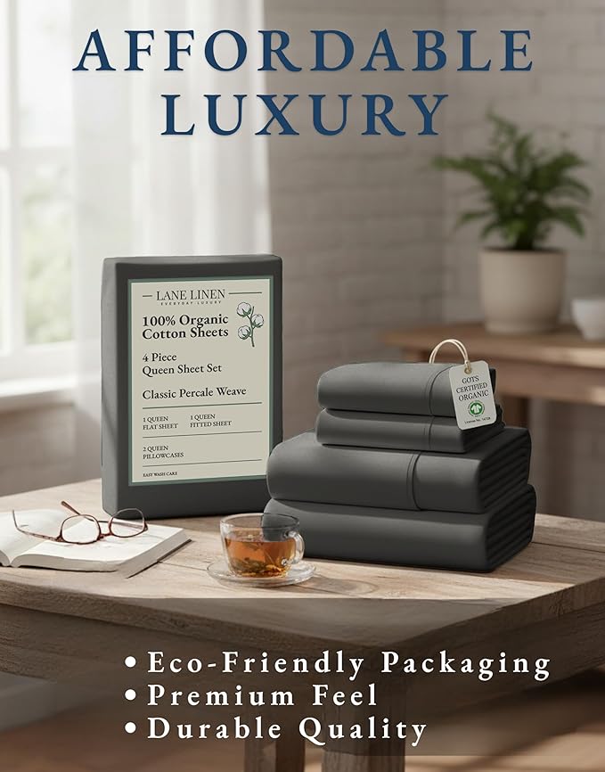 LANE LINEN Sustainably Produced 100% Organic Cotton Queen Size Bed Sheets, Soft & Comfy Naturally Cooling Percale Cotton Sheets, Low Pill Fade Resistant 15" Deep Pocket Queen Sheets– Charcoal