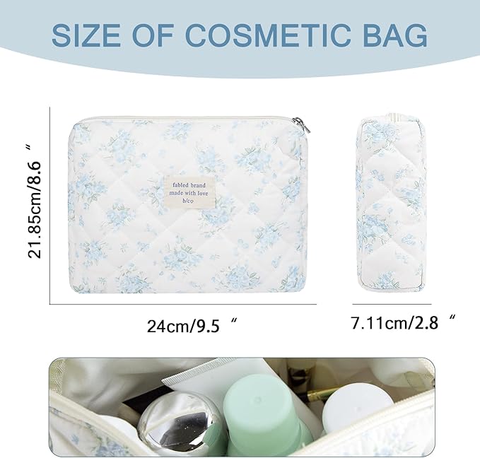 Floral Makeup Bag, Large Cosmetic Bag for Women Girls, Cute Cotton Makeup Pouch, Quilted Makeup Bags, Flower Travel Toiletry Organizer Bag(Blue Rose)