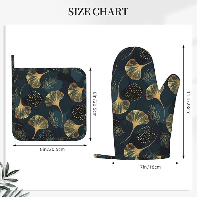 Leaves Vintage Floral Oven Mitts and Pot Holders Set of 4 Silicone Golden Gingko Leaf Kitchen Mitten Gloves and Green Leaves Potholders Set Heat Resistant Oven Gloves Hot Holders for Kitchen