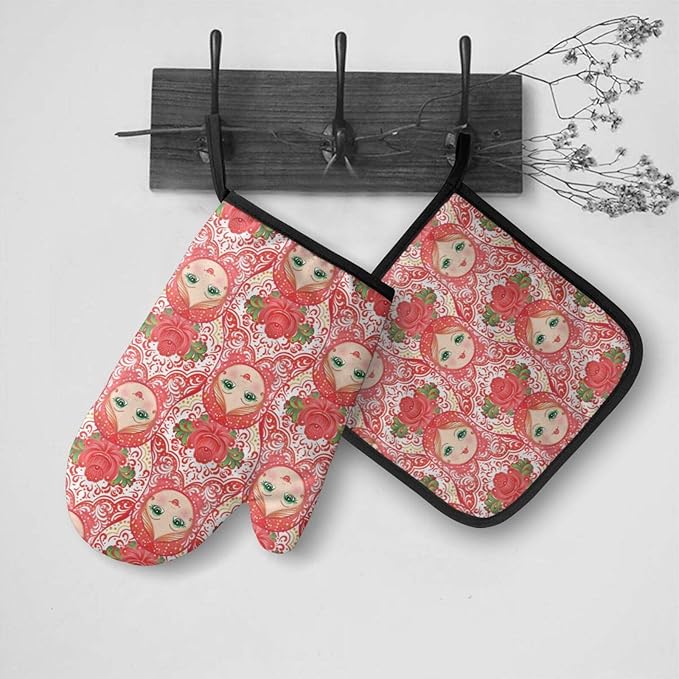 Traditional Russian Nesting Doll with Flowers Oven Mitts and Pot Holders Insulated Gloves & Kitchen Counter Safe Mats for Cooking BBQ Baking Grilling (2-Piece Set)
