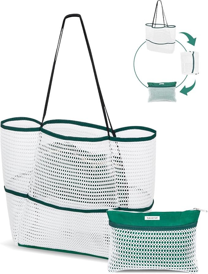 ToKismet Mesh Beach Tote Bag Packable,2026 New 2-in-1 Large Lightweight Foldable Beach Bags with Multiple Pockets for Women