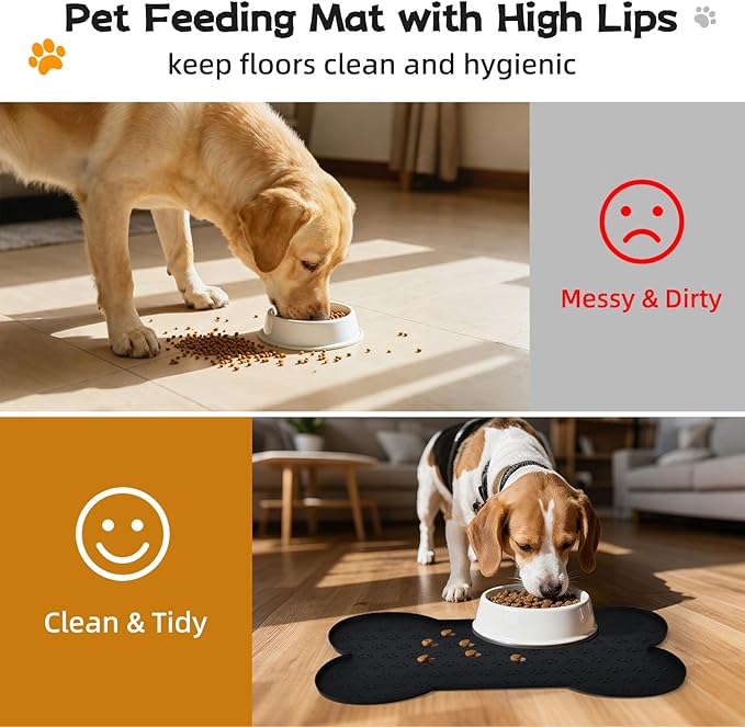 Dog Food Mat Anti-Slip Silicone Bowl Mats for Food and Water, Thicker Pet Placemat Waterproof Cat Feeder Pad with High-Lips Prevent Messy Spills to Floor Suitable for Medium and Small Pet