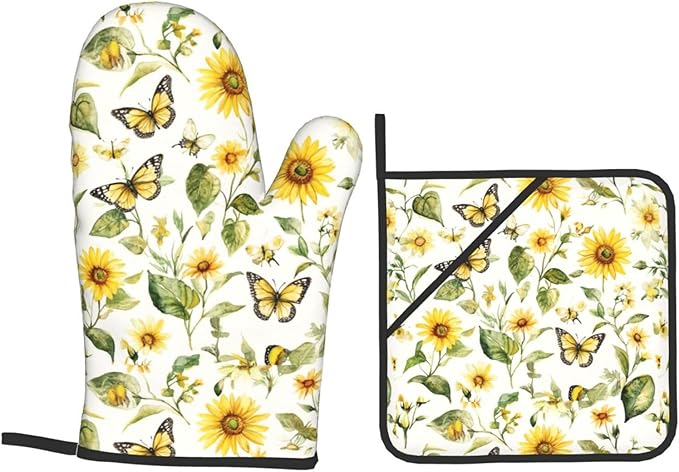 Oven Mitts and Pot Holders Sets of 4 Watercolor Sunflower Butterfly Kitchen Potholder Gloves Heat Resistant Non-Slip for Chef Baking Cooking Grilling BBQ Mittens