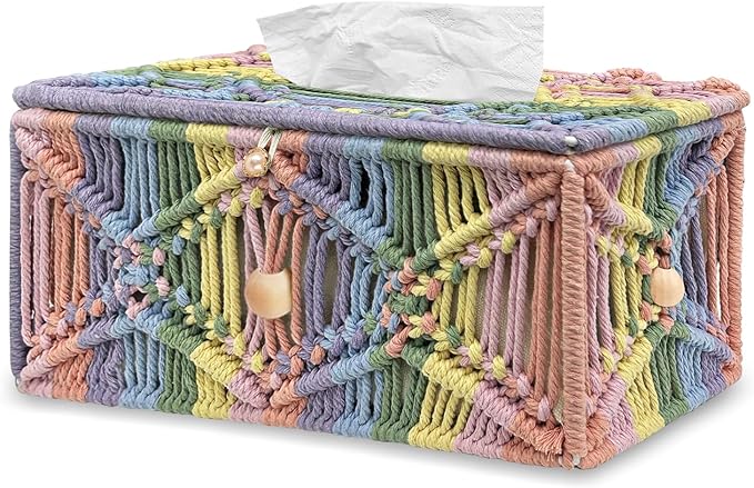 KaloKalo Handmade Tissue Box Cover Rectangle Decorative Macrame Boho Tissue Holder Cotton Rope Woven Napkin Facial Paper Organizer Bohemian Desk Storage Container with Buckle Wood Beads (Rainbow)