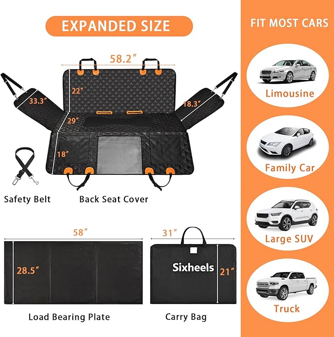 Sixheels Dog Back Seat Cover Hard Bottom Truck Back Seats Protector, Large Backseat Extender for Dogs, Car Pet Rear Seat Covers Waterproof Dog Hammock Travel Accessories for Truck