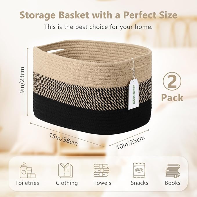 ECDYQXVU Cotton Rope Storage Basket, 15x10x9 Inches, Woven Basket for Shelves, Clothes, Towels, Books, and Laundry, Gradient Black/Brown (2 Pack)