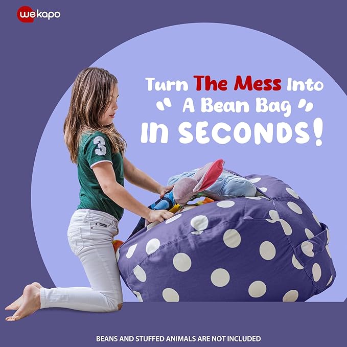 WEKAPO Stuffed Animal Storage Bean Bag Chair Cover for Kids | Stuffable Zipper Beanbag for Organizing Children Plush Toys Large Premium Cotton Canvas (Navy Dot, XX-Large)