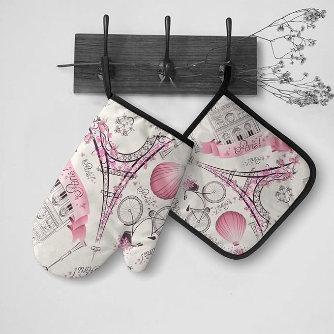 Paris Theme Oven Mitts and Pot Holders Eiffel Tower Romantic Travel Insulated Gloves & Kitchen Counter Safe Mats for Cooking BBQ Baking Grilling (2-Piece Set)