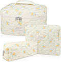 Gosect Quilted Makeup Bag Set, Large Floral Cosmetic Bag for Women, Cute Cotton Makeup Bag, Flower Travel Toiletry Organizer Bag (Yellow Daylily)