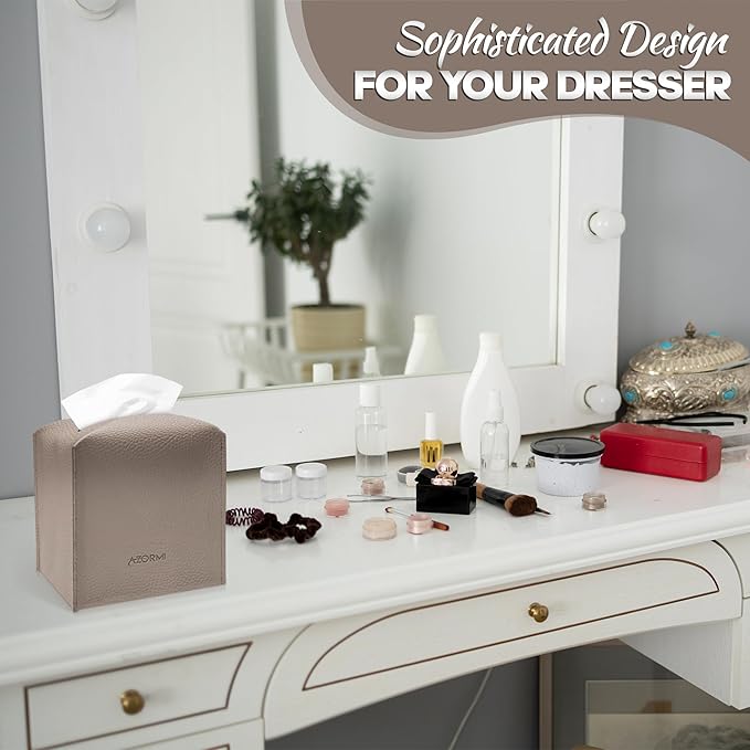 Tissue Box Cover Holder, PU Leather Tissue Box Cover Square with Bottom Belt, Cube Tissue Holder for Bathroom, Modern Organizer for Car, Office, Tabletop (Deep Lotus Root)