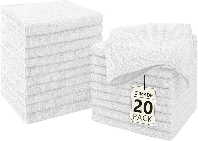 UNIMADE Washcloths - 20 Pack - Face Towels (12" x 12"), Highly Soft Wash Cloths and Hand Towels, Fast Drying Multi-Purpose Microfiber Cleansing Cloths for Bathroom, Hotel, Spa, and Salon - White