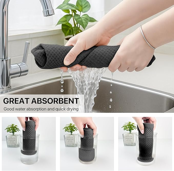 FreeNook 100% Cotton Waffle Weave Kitchen Towels, 8 Pack Dish Cloths for Washing Dishes, Ultra Soft Absorbent Dish Towels, Quick Drying Kitchen Rags, 12x12 Inches, Dark Grey