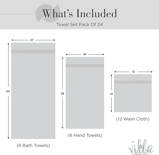 Villa Celestia 100% Cotton Bath Towel Set of 24-6 Bath Towels, 6 Hand Towels, 12 Wash Cloths, Sustainable, Soft, Highly Absorbent, Combed Cotton 24 Piece Set for Hotels, Spa, Bathroom, Dorm, White