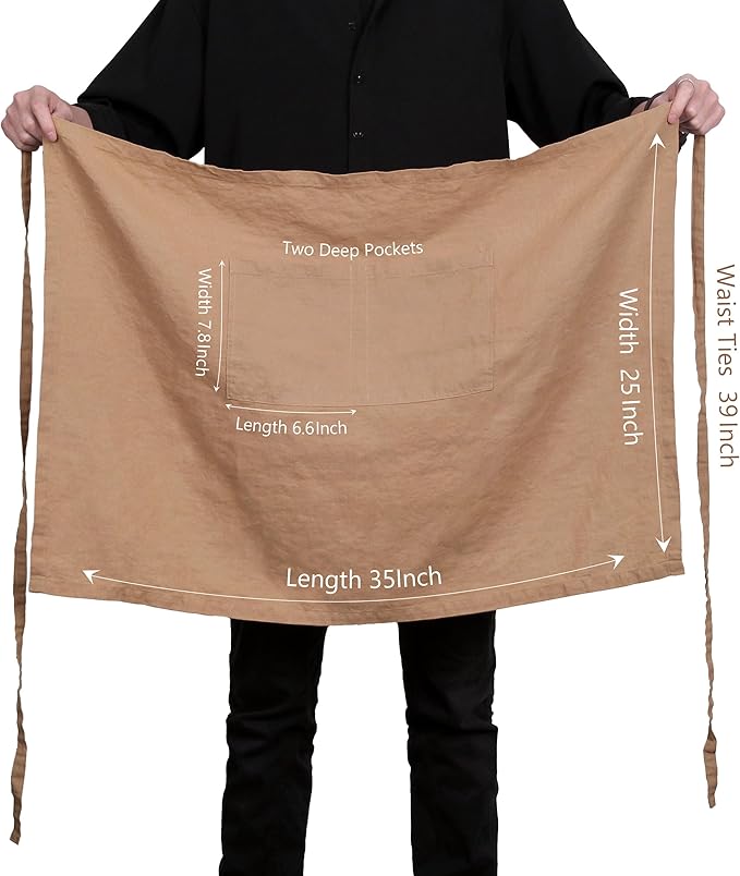 Pure Linen Bistro Half Apron - 25 x 35 Inch Unisex Waist Aprons with Large Pocket Ideal for Kitchen Crafts and More