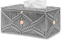 KaloKalo Handmade Tissue Box Cover Rectangle Decorative Macrame Boho Tissue Holder Cotton Rope Woven Napkin Facial Paper Organizer Bohemian Desk Storage Container with Buckle Wood Beads (Grey)