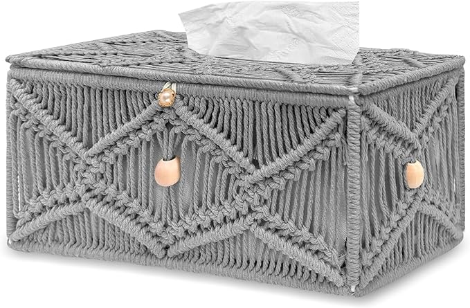 KaloKalo Handmade Tissue Box Cover Rectangle Decorative Macrame Boho Tissue Holder Cotton Rope Woven Napkin Facial Paper Organizer Bohemian Desk Storage Container with Buckle Wood Beads (Grey)