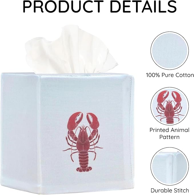 EmbroideryLinen.VN Tissue Box Cover Set of 2, Square Cotton Tissue Holder, Printed Animal Pattern, 4.5x4.5x5.5 Inches, Decorative Holder for Bathroom, Living Room, Office (Lobster & Flamingo)