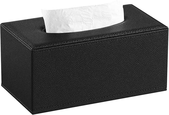 JLAMBOM Rectangle Tissue Box Cover for 120 to 160 Count Box of Tissues, PU Leather Tissue Holder with Magnetic Closure (Black)