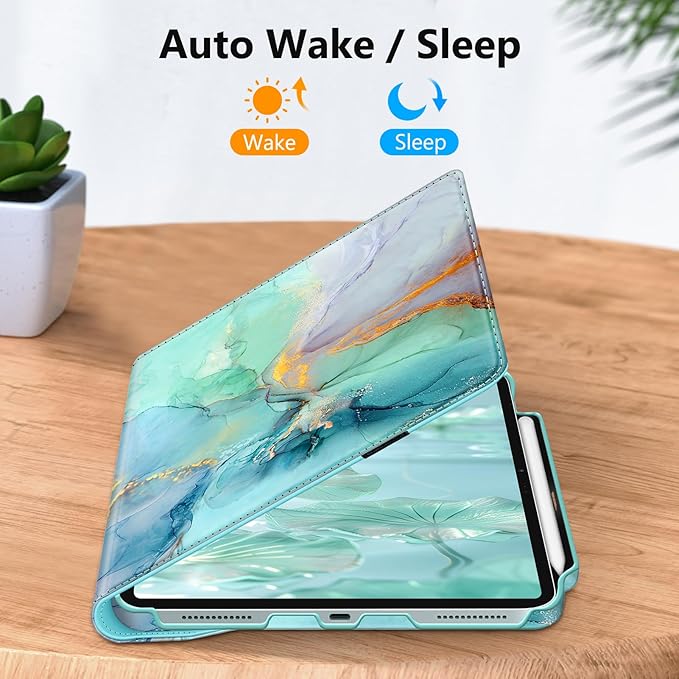 Fintie Rotating Case for iPad Air 13-inch (M3) 2025, (M2) 2024-360 Degree Swiveling Protective Stand Cover with Pencil Holder, Auto Wake/Sleep, Emerald Marble