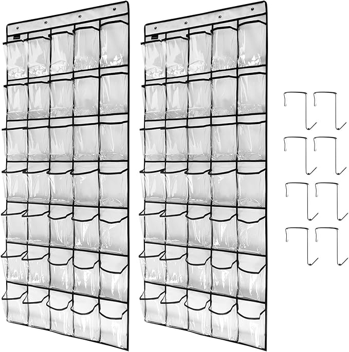 TidyMaster Clear Crystal 2 Pack 35 Pockets Large Hanging Shoe Organizer Over The Door Shoe Rack for Closet Door Storage Shoe Holder Hanger, 8Hooks, white