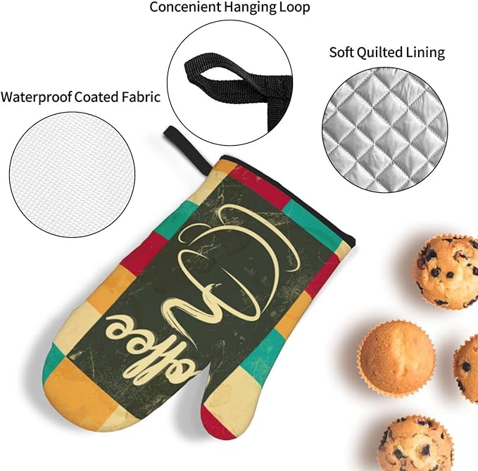 Vintage Coffee Oven Mitts and Pot Holders Set of 4, Oven Mittens and Potholders Heat Resistant Gloves for Kitchen Cooking Baking Grilling BBQ