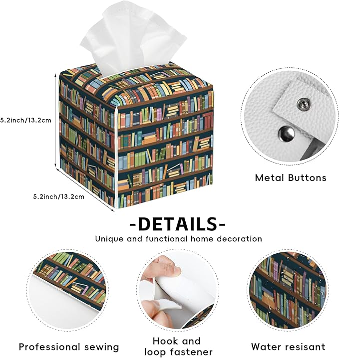 Bookshelves Tissue Box Cover Square,Tissue Box Holder with Belt Bottom,Stylish Leather Napkin Holder for Vanity Countertop,Nightstands,Office Desk,5.2"×5.2"×5.2"
