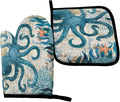 Sea Octopus Nautical Retro Ocean Oven Mitts and Pot Holders Insulated Gloves & Kitchen Counter Safe Mats for Cooking BBQ Baking Grilling (2-Piece Set)