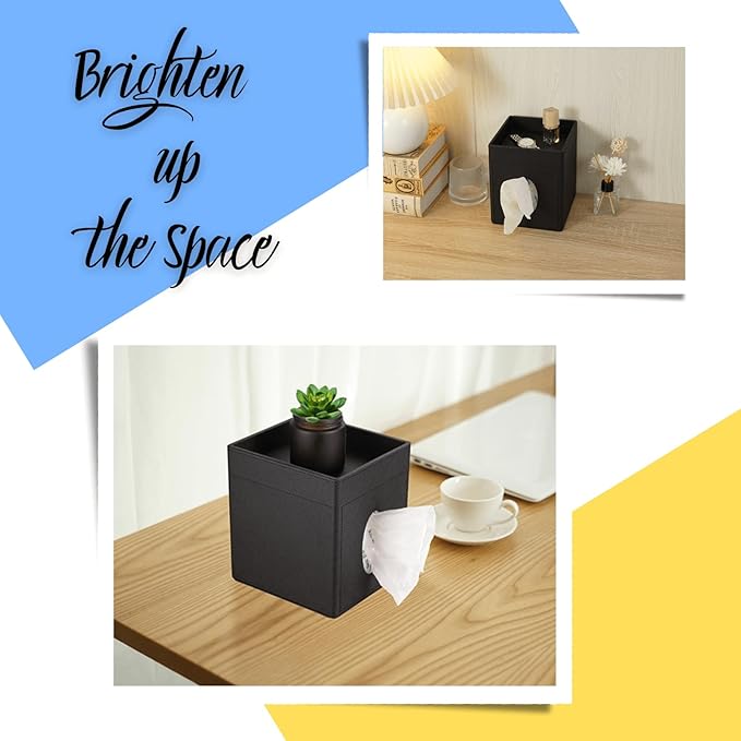 LAMOTI Leather Tissue Box Cover with Storage Tray, Square Facial Tissue Box Holder for Bathroom, Office Table, Countertop, Night Stand & More (Black)