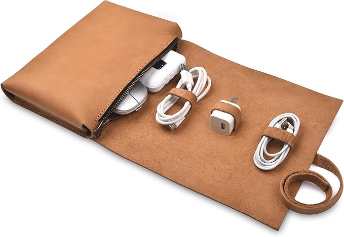 NUTUCH Leather Tech Pouch for Cables Chargers Phone | Tech Bag | Zipper Travel Accessory Pouch | Electronic Organizer Case Travel Bag (Tan)