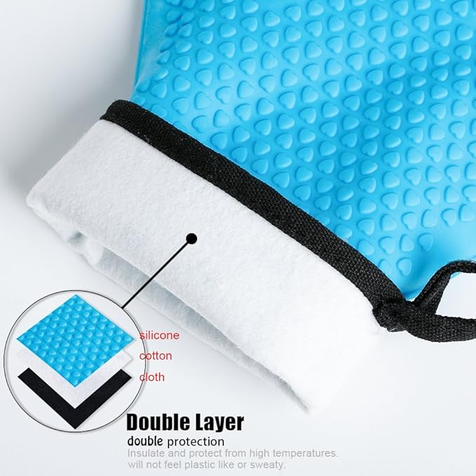 Kitchen Oven Gloves - Dual-Layer Heat Resistant Grilling Gloves, Silicone Oven Mitts with 5 Fingers, Waterproof Non-Slip Pot Holder for Barbecue, Cooking, Baking (Small, Blue Long)