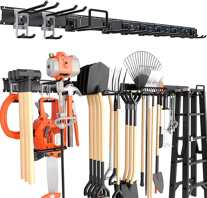 Lvoess 64'' Garage Tool Organizer Wall Mount, 620lbs Heavy Duty Metal Storage Rack | Adjustable Hooks Garden Tool Organization System | Anti-Rust Shed Rack for Hanging Shovel, Rake, Broom, Snowboard