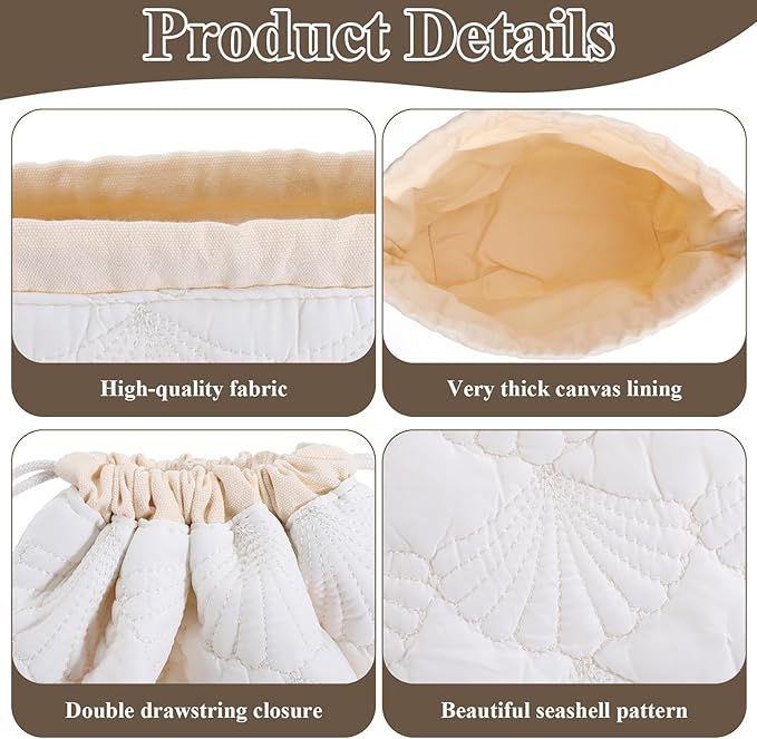 Thinp Quilted Makeup Bag, Cotton Makeup Pouch Coquette Quilted Toiletry Bag Portable Floral Cosmetic Bags Cute Seashell Travel Toiletry Pouch for Women and Girls (White)