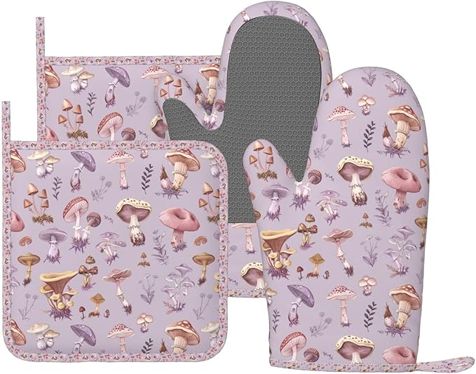Oven Mitts Pot Holders Set Mushrooms Vintage Botanical Silicone Kitchen Gloves Potholders Heat Resistant for Chef Baking Cooking Grilling BBQ 4 Pack Mitt
