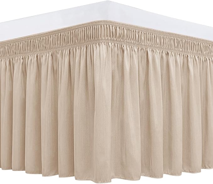 Biscaynebay Wrap Around Bed Skirts for Queen Beds 17" Long Drop, Sand Adjustable Elastic Dust Ruffles Easy Fit Wrinkle Resistant Silky Luxurious Fabric Machine Washable