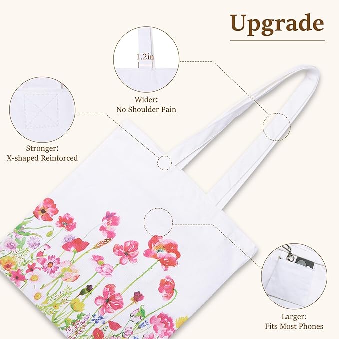 GICDSU Cotton Canvas Floral Tote Bag Aesthetic with Zipper, Reusable Grocery Bags, Beach Foldable ToteBag for Women, Funny Totebag with Inner Pocket for Shopping Travel Gym Work