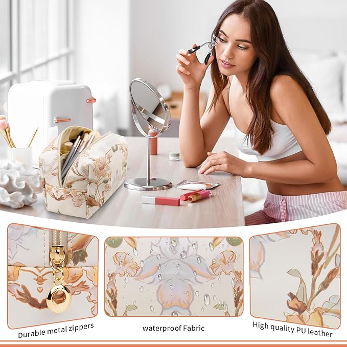 Floral Waterproof Makeup Bag, Leather Cosmetic Bag with Compartments, Zipper Make up Pouch Organizer, Portable Storage Travel Toiletry Bag Gifts for Women Girls(Apricot Flower)