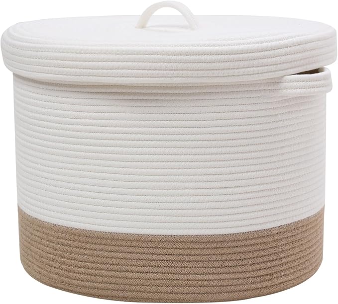 Cottonphant 20" x 20" x 15" Extra Large Storage Basket with Lid, Cotton Rope Storage Baskets, Laundry Hamper, Cloth Bin, for Clothes Towels Blankets Pillows Storage in Living Room, White/Jute Bottom