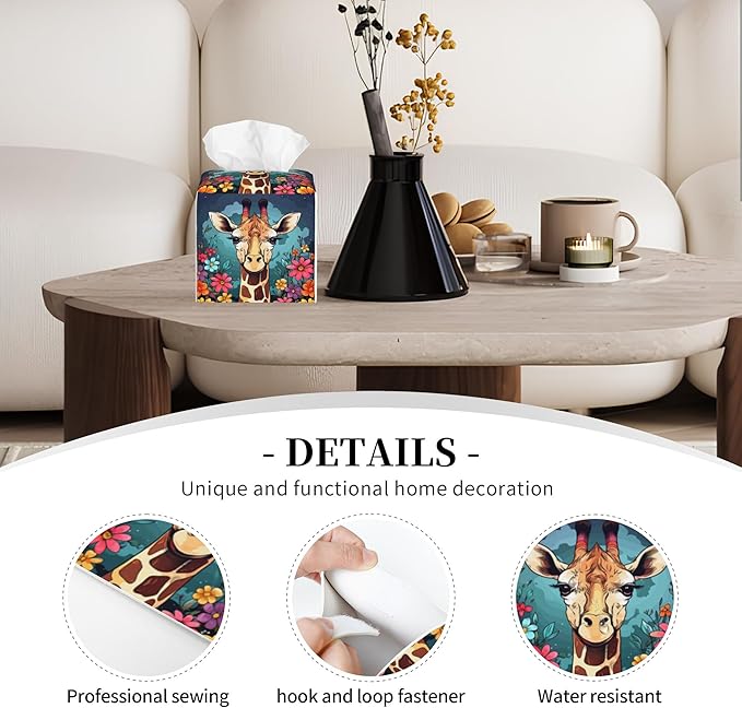 POIUBLE Giraffe with Flowers Tissue Box Cover Leather Tissue Box Holder Square Facial Paper Organizer Dispenser for Bathroom Kitchen Bedroom Vanity Countertop Night Stands