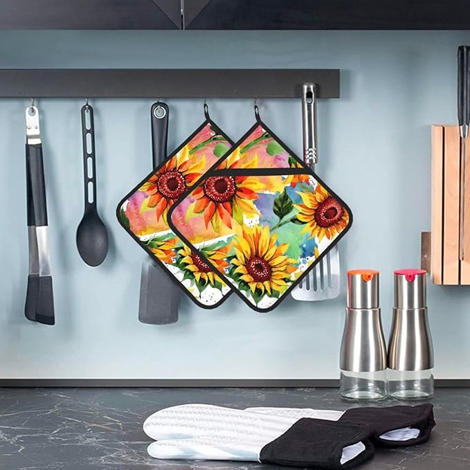 Colorful Sunflower Pot Holders Set of 2 Heat Resistant & Non Slip Potholders, Watercolor Art Style Fire Oven Hot Pads for Kitchen Cooking Baking Barbecue