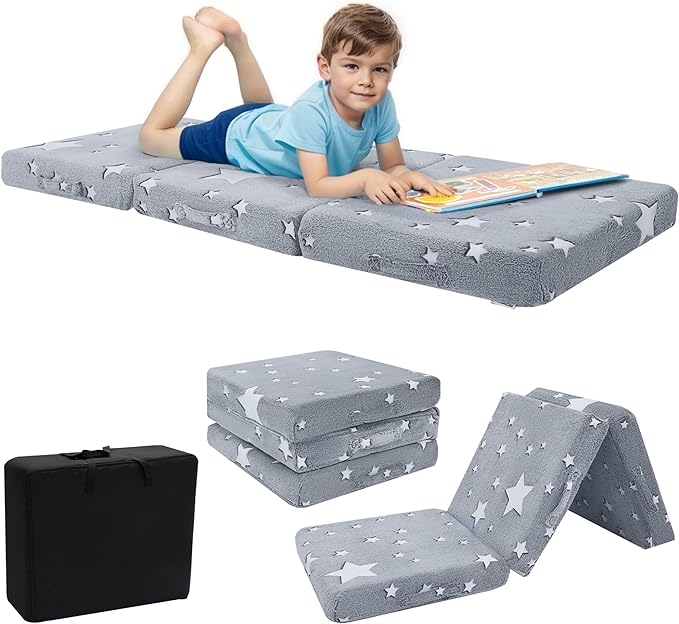 MeMoreCool Glow Star Kids Foldable Floor Mattress Mat with Carry Bag, 3-in-1 Tri-Fold Futon, Soft Plush Glow Cover, Portable for Travel, Grey 63x26 Inch