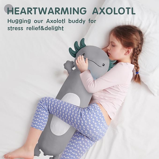 Dalmao 36 inch Cute Giant Grey Axolotl Plush Soft Long Body Pillow, Large Squishy Plushies Axolotl Stuffed Animals Toy, Gifts for Kids Boys Girls Birthday, Halloween, Christmas