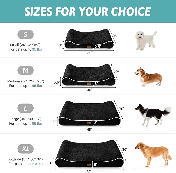 COZY KISS Orthopedic Dog Bed for Small Dogs up to 35 lbs - Removable Washable Cover with Waterproof Lining & Non-Skid Bottom, Cotton-Polyester Blend Boat-Shaped Lounger Mattress, S(30x20x5in), Black