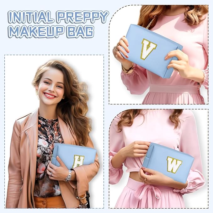 TOPEAST Personalized Makeup Bag, Chenille Letter Pouch Cosmetic Bag w Zipper, PU Leather Waterproof Toiletry Bag, Bridal Shower Gifts for Bridesmaids, Cute Stuff for Girls (Sky Blue P)