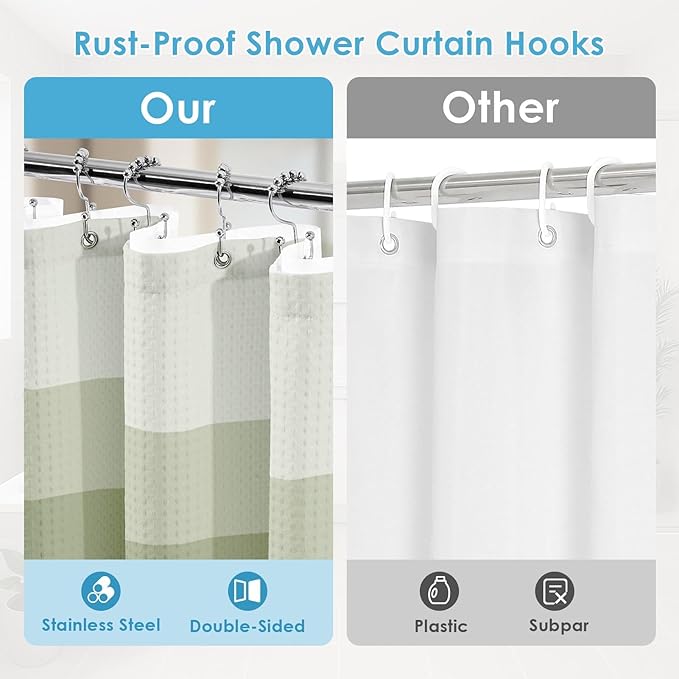 Nesphy Shower Curtain and Liner, Sage Green Ombre Striped 3 in 1 Shower Curtain and PEVA Liner Set with 12 Rust-Resistant Metal Hooks, Waterproof Fabric Shower Curtains for Bathroom, 72 W x 72 H