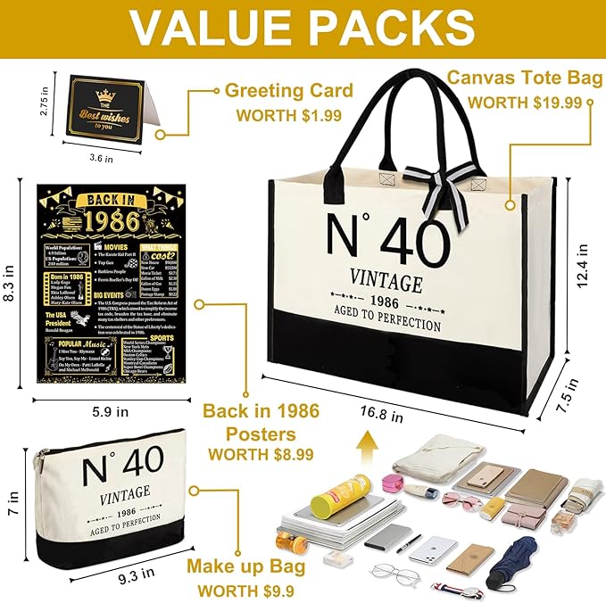 YeohJoy 40th Birthday Gifts for Women Canvas Tote Bag Travel Gear, Unique 40 Years Old Gifts for Wife Mom Sister Aunt Friends Her, Vintage N°40 Handbag & Cosmetic Bag & Back in 1986 Poster